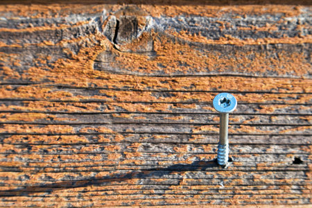 Metal torx screw on weathered old wooden wall outdoorsの写真素材
