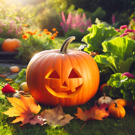 Generative AI Halloween pumpkin in a sunny gardenの素材