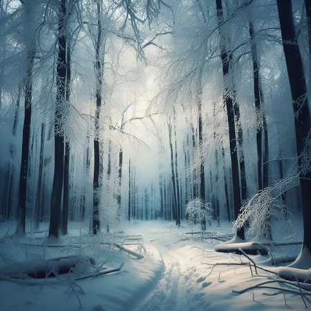 Generative AI Snowy forest scenery in winterの素材