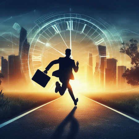 Generative AI business man silhouette running against distorted time conceptの素材