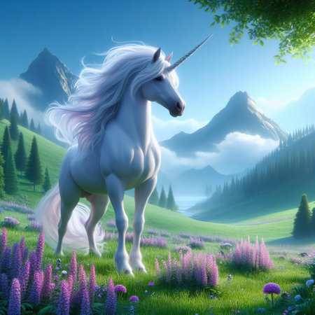 Generative AI white unicorn in the meadowの素材