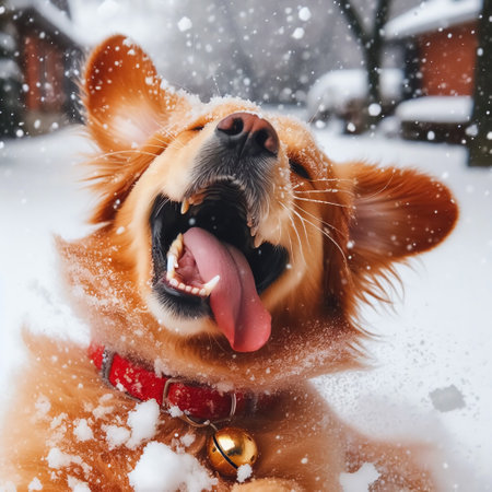 Generative AI Playful Golden Retriever dog in the snowの素材