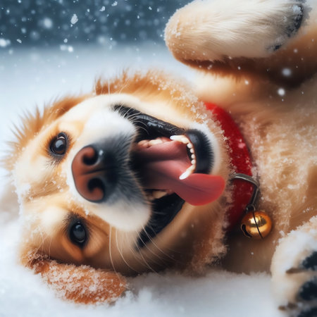 Generative AI Playful Golden Retriever dog in the snowの素材