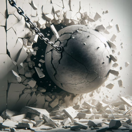 Generative AI Wrecking ball breaking after shattering the white wallの素材