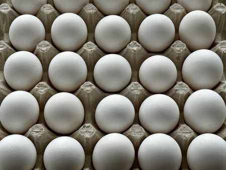 Eggs in carton box for background. Top view.の写真素材