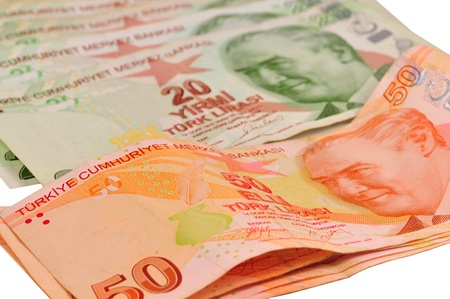 Fifty, twenty liras, Turkish banknotes on the isolated white backgroundsの写真素材