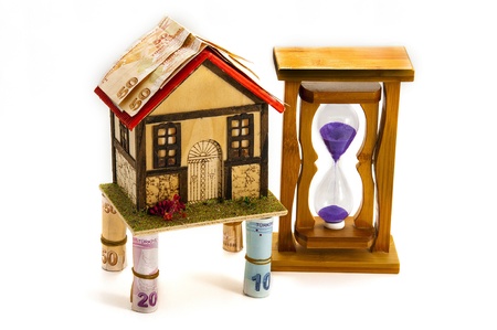 hourglass, home, money  on white background