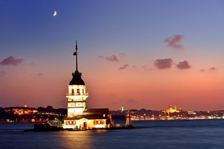 Maiden s Tower view at night with crescent  Istanbul Turkeyのeditorial素材