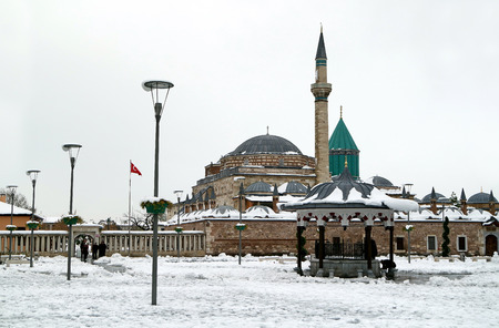 KONYA, TURKEY- NOVEMBER 26, 2014: Mevlana museum and sufi center in Konya, Turkey on November 26, 2014. Tomb of Mevlana, the founder of Mevlevi sufi dervish order, with prominent green tower in Konya.のeditorial素材