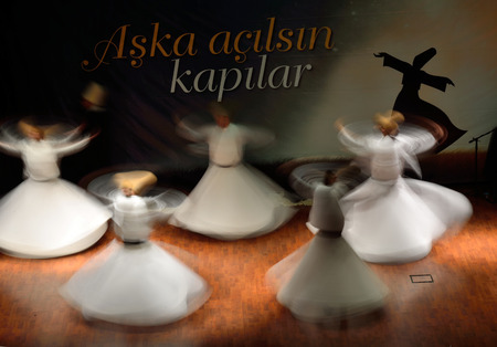 ISTANBUL, TURKEY - DECEMBER 20: Sufi whirling dervish (Semazen) dances, Commemoration of Mevlana Jalaluddin Rumi on December 20, 2014 in Istanbul. Semazen conveys Godのeditorial素材