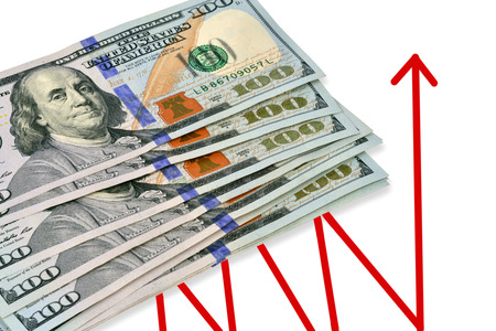 One hundred dollars banknotes isolated on white backgroundの写真素材