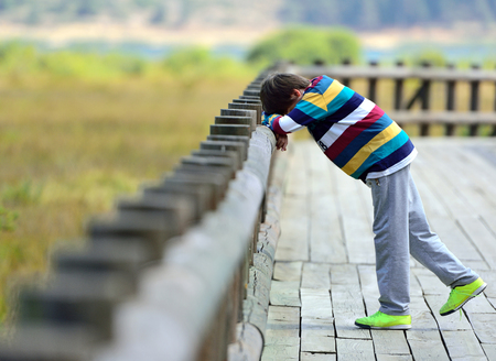 young boy standing on a wooden pathの写真素材