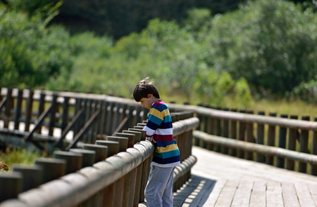 young boy sitting on a wooden pathの写真素材