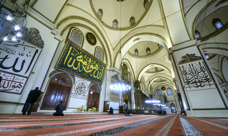 BURSA, TURKEY - JANUARY 13: An interior view of Grand Mosque Ulu Cami on January 13, 2016 in Bursa, Turkey. Great Mosque is the largest mosque in Bursa. Muslims who pray in the mosque.のeditorial素材