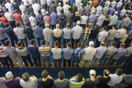 ISTANBUL, TURKEY - AUGUST 03: Tarawih prayers in Ramadan for Muslims Tunahan Mosque on August 3, 2013 in Istanbul, Turkey. Tunahan mosque, is a big mosque was opened for worship in 2004.のeditorial素材