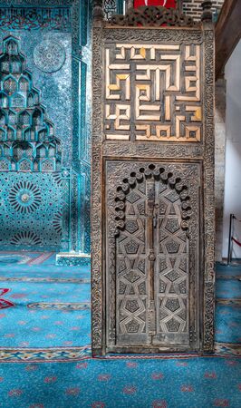 BEYSEHIR KONYA TURKEY - MARCH 24, 2018: Esrefoglu mosque, a section from wooden pulpit door in Beysehir, Konya - Turkey. Esrefoglu Mosque was taken to the World Heritage Candidate List by UNESCO in 2012.のeditorial素材