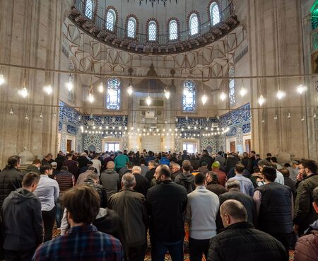 EDIRNE, TURKEY - MARCH 9: Muslim prayer in interior of Selimiye Mosque on March 9, 2019 in Edirne, Turkey. Selimiye Mosque built in 1575 by Architect Sinan with the request of Suleyman the Magnificentのeditorial素材