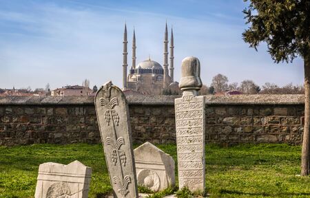 Ottoman gravestones and Selimiye Mosque at background in Edirne City of Turkeyのeditorial素材