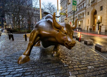 NEW YORK CITY - FEBRUARY 2: Charging Bull sculpture on February 2, 2020 in New York City. The sculpture is both a popular tourist destination, as well asのeditorial素材