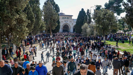 JERUSALEM, ISRAEL - FEBRUARY 2: After Friday prayers in Al-Aqsa mosque from the Muslims on February 2, 2018, Jerusalem, Israel. Al Aksa is the third holiest place of Islam after Meccah and Medina.のeditorial素材