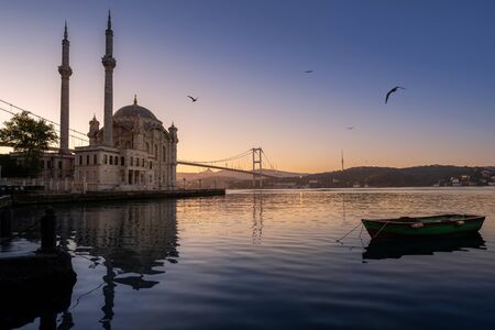 Ortakoy Istanbul panoramic landscape beautiful sunrise Ortakoy Mosque and Bosphorus Bridge, Istanbul Turkey. Best touristic destination of Istanbul. Romantic view of Istanbul city.の写真素材