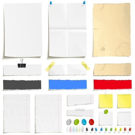 White folded paper, grungy old paper, ragged sheets of paper, blank squared and lined notepad pages and elements for attaching paper: pin, plasticine, scotch tape and paperclip setのイラスト素材