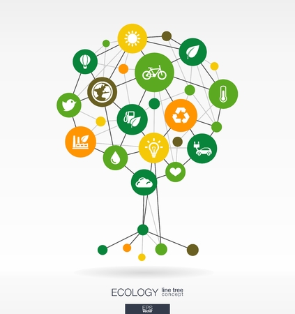 Abstract ecology background with lines, connected circles and integrated flat icons. Growth tree concept with eco, earth, green, recycling, nature, bicycle, sun, car and home icon. Vector interactive illustration.のイラスト素材