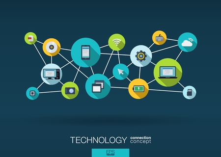 Technology network. Growth background with lines, circles, integrate flat icons. Connected symbols for digital, connect, communicate, social media and global concepts. Vector interactive illustration