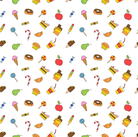 Kids hand drawing tasty food. Cartoon sketch pattern of child vector doodles set: muffin cake pie donut croissant confection sweet candy lollipop ice cream chocolate apple pear drinkのイラスト素材