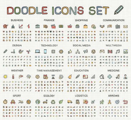 Hand drawing line icons. Vector doodle pictogram set: color pen sketch sign illustration on paper. Web, app, mobile, business, finance, technology, time, medical, education, arrow, sport, transport Hand drawing line icons. Vector doodle pictogram set: color pen sketch sign illustration on paper. Web, app, mobile, business, finance, technology, time, medical, education, arrow, sport, transport