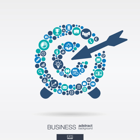 Color circles, flat icons in a target shape: business, marketing research, strategy, mission, analytics concepts. Abstract background with connected objects. Vector interactive illustration.のイラスト素材