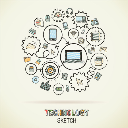 Technology hand drawing integrated sketch icons. Vector doodle interactive pictogram set. Connected infographic illustration on paper: digital, internet, network, communicate, media, global conceptsのイラスト素材