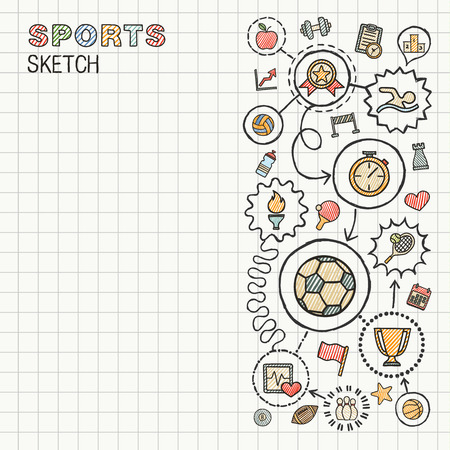 Sport hand draw integrated icons set on paper. Colorful vector sketch infographic illustration. Connected doodle color pictograms: swimming, football, soccer, game, fitness, activity conceptのイラスト素材