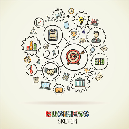 Businesshand drawing integrated sketch icons. Vector doodle marketing pictogram set. Connected concept illustration on paper: finance, money, presentation, strategy, marketing, analytics, infographic.のイラスト素材