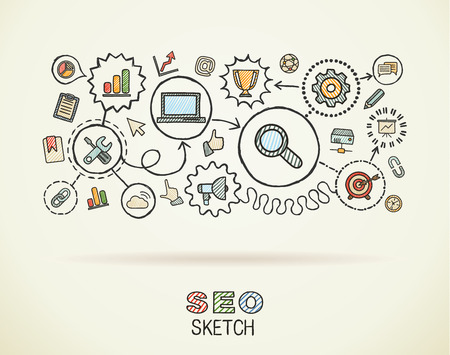 SEO hand draw integrated icons set on paper. Colorful vector sketch infographic illustration. Connected doodle pictograms: marketing, network, analytic, technology, optimize, interactive conceptのイラスト素材