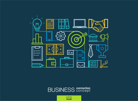 Business integrated thin line symbols. Modern linear style vector concept, with connected flat design icons. Illustration for strategy, service, analytics, research, career, digital marketing conceptsのイラスト素材