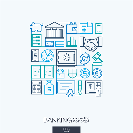 Banking integrated thin line symbols. Modern linear style vector concept, with connected flat design icons. Abstract background illustration for network, money, card, bank, business, finance conceptsのイラスト素材