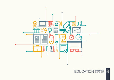 Education integrated thin line symbols. Motion arrows concept, with connected flat design icons. Abstract background illustration for elearning, knowledge, learn and global conceptsのイラスト素材