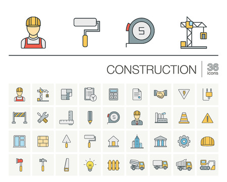 thin line icons set and graphic design elements. Illustration with construction, industrial, architectural, engineering outline symbols. Home repair tools, worker, building linear pictogramのイラスト素材