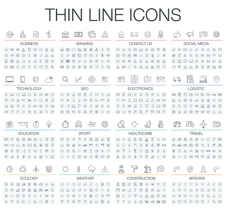 illustration of thin line icons for business, banking, contact, social media, technology, seo, logistic, education, sport, medicine, travel, weather, construction, arrow. Linear symbols set.