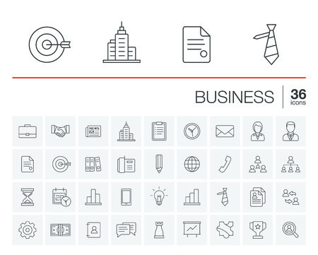 thin line icons set and graphic design elements. Illustration with business and management outline symbols. Marketing research, strategy, service, career, mission, analytics linear pictogramのイラスト素材