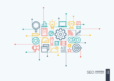 SEO integrated thin line symbols. Modern linear style concept, with connected flat design icons. Abstract background illustration for digital network, analytics, social media and market conceptのイラスト素材
