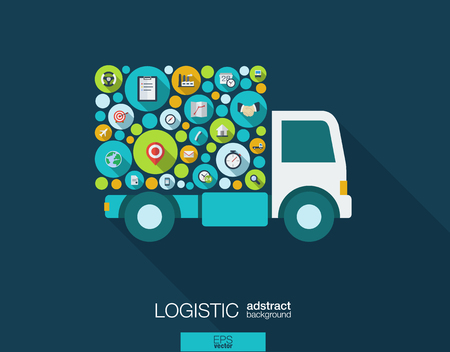 Color circles, flat icons in a truck shape: distribution, delivery, service, shipping, logistic, transport, market concepts. Abstract background with connected objects.のイラスト素材