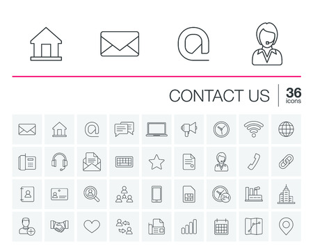 thin line icons set and graphic design elements. Illustration with contact us outline symbols. Communication, home, call, speech bubble, email, letter, envelope, handshake linear pictogramのイラスト素材