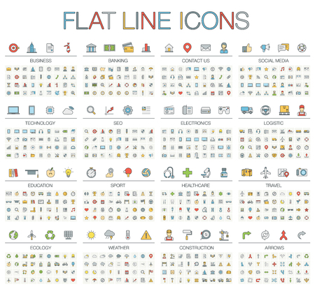 illustration of thin line color icons: business, banking, contact, social media, technology, logistic, education, sport, medicine, travel, weather, construction, arrow. Linear flat symbols set.のイラスト素材