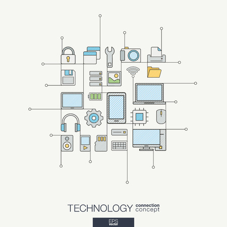 Technology integrated thin line symbols. Modern color style concept, with connected flat design icons. Illustration for digital, internet, network, social media, cloud, global concepts.のイラスト素材