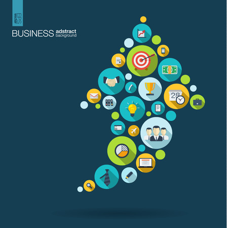 Color circles with flat icons in an arrow up business, marketing research, strategy, mission,concepts. Abstract background with connected objects.のイラスト素材