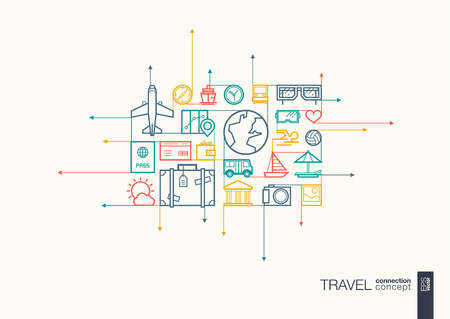 Travel integrated thin line symbols. Motion arrows concept, with connected flat design icons. Abstract background illustration for tourism, holiday, trip, summer, vacation concepts.のイラスト素材