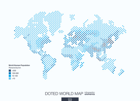 Useful info graphic template. Set of graphic design elements: choropleth world map. World human population info. Doted illustration.のイラスト素材