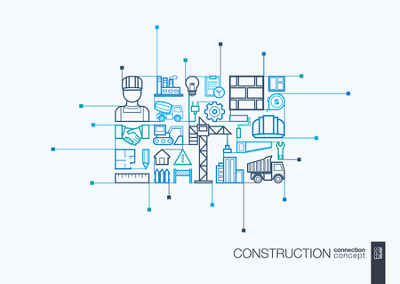 Construction integrated thin line symbols. Modern linear style concept, with connected flat design icon. Abstract background illustration for build, industry, architectural, engineering conceptのイラスト素材